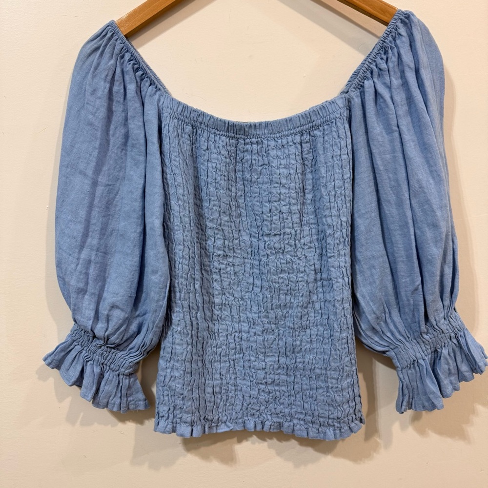 Sofia Made In Italy 100% Linen Coastal Nautical Puff Sleeve Top Blouse Size S